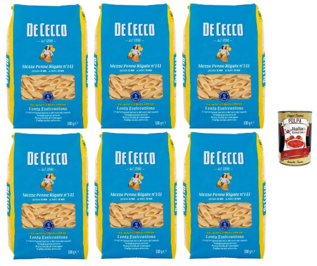 De Cecco Mezze Penne Rigate Nr. 141, Pasta 6 x 500 g, bronzegesponnen & langsam trocknend | Qualitätshartweizengrieß, 12 min kochen (al dente 10)...