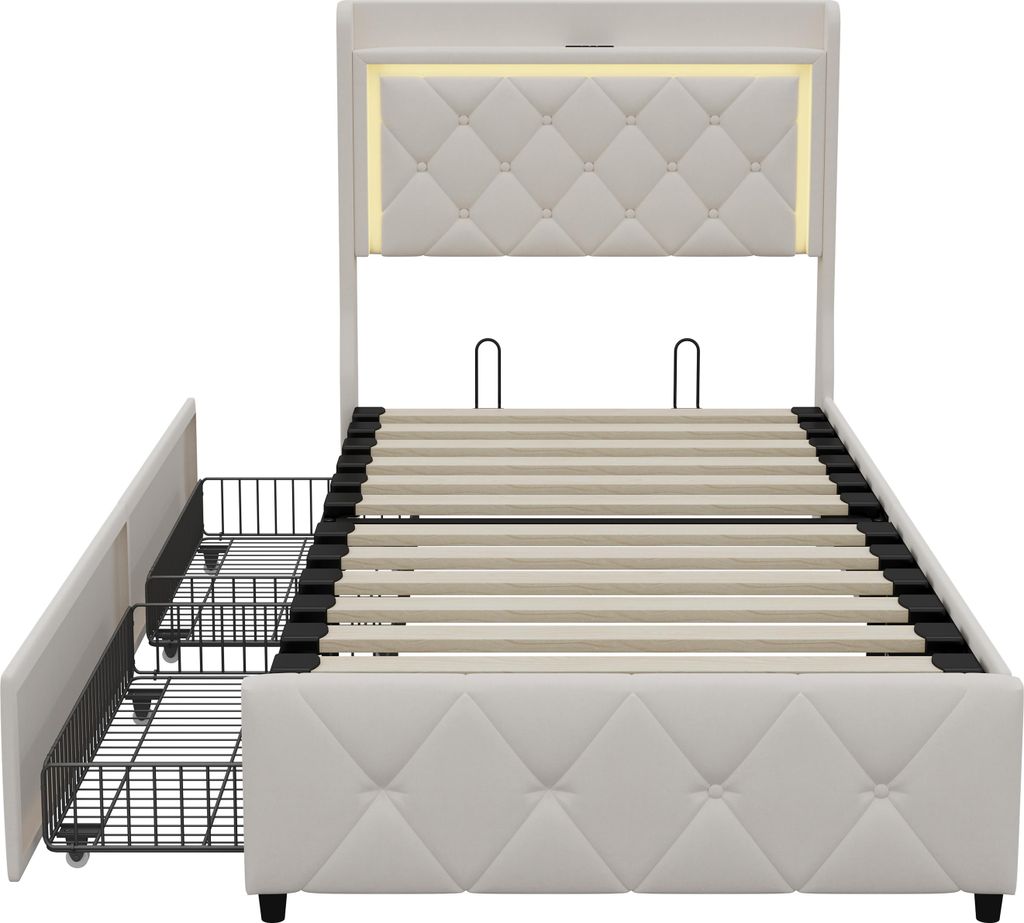 Einzelbett 90 x 200 cm, Stauraum, Kopfteil mit Ablagen, Produktbild 