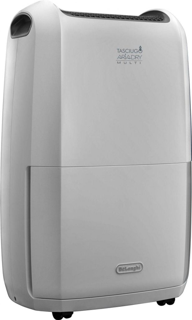 A white and light gray dehumidifier is shown from the front.