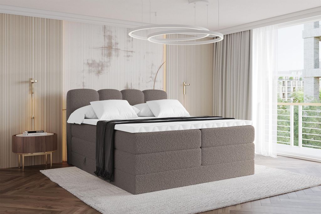 ALTDECOR Boxspringbett - H3/H4 Matratze und Topper - NINA KING - 140x200 - Braun - Doppelbett, Boxbett, Polsterbett mit Bettkasten mit Stauraum und...