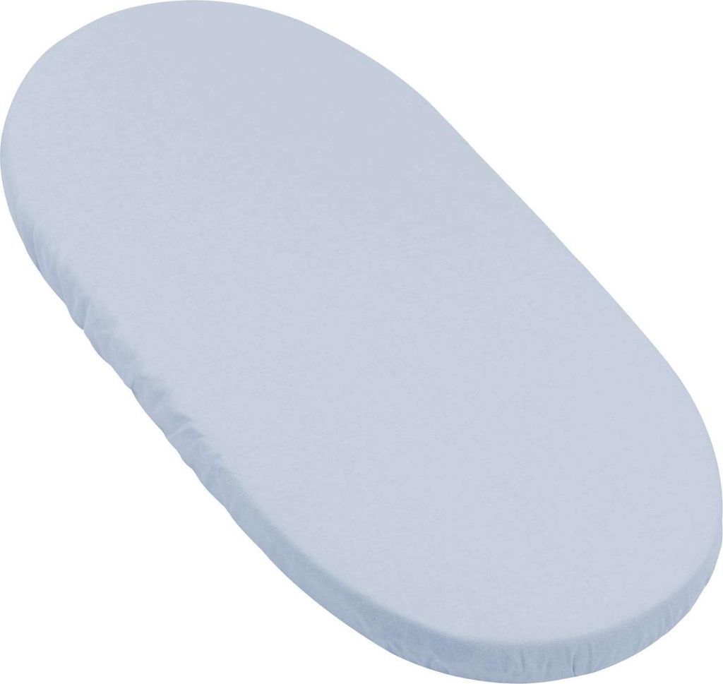 A pastel blue fitted sheet for a crib or bassinet, shown from a diagonal top-down perspective on a white background.
