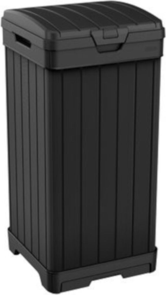 A black trash can with a lid.