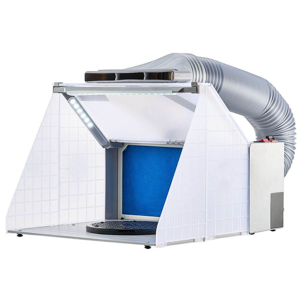 A white airbrush spray booth with LED lights and a flexible exhaust hose, set against a white background.