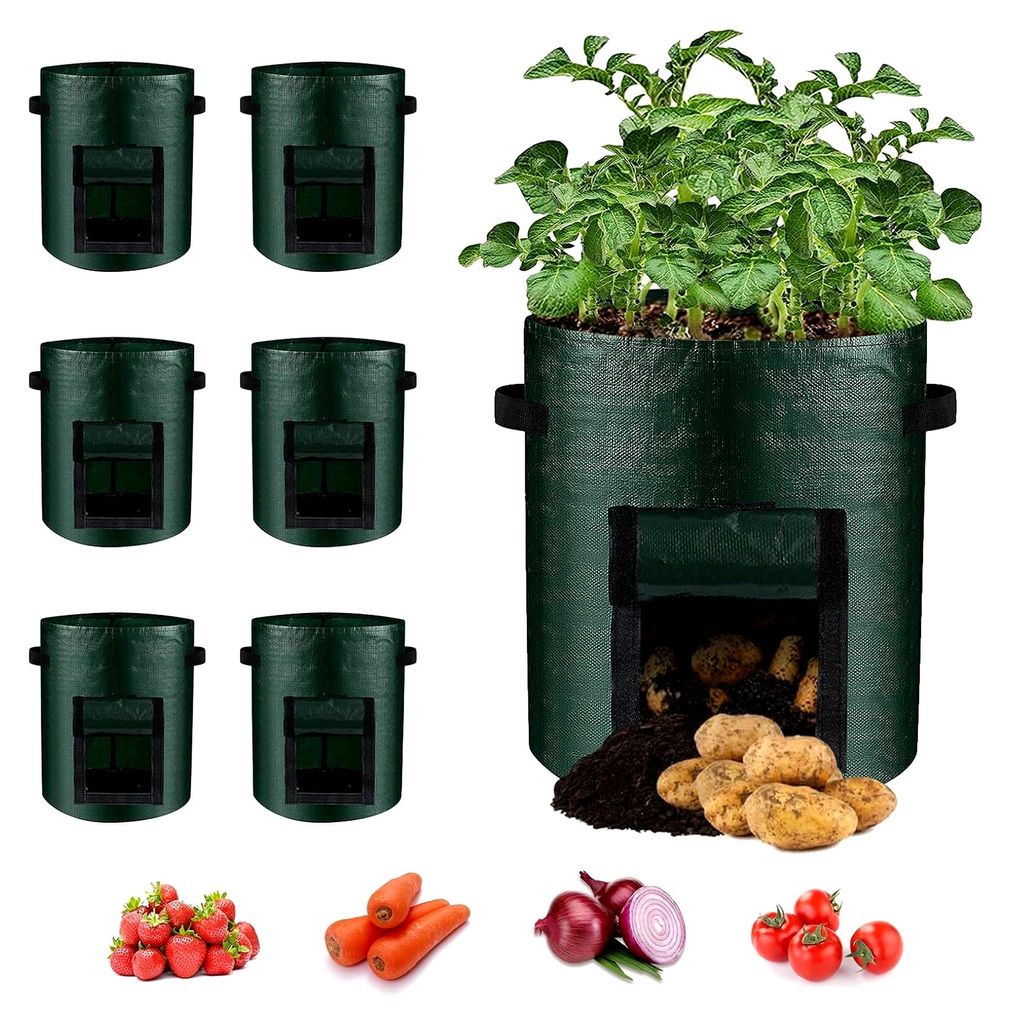 6 Stück Kartoffelpflanzsäcke, 10 Gallonen für Gemüse und Tomaten mit stabilen Griffen und Sichtfenster, Pflanztaschen für Kartoffeln, Blumen u...