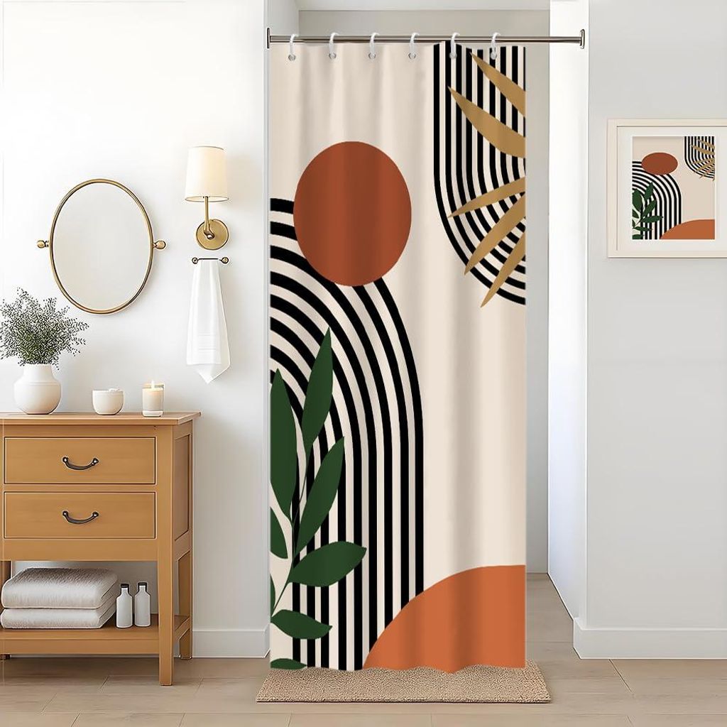 Duschvorhang in Terrakottafarbe, schmal (90 x 180 cm), im Bohème-Stil, abstraktes orange-grünes Blattmuster, kleiner Duschvorhang, schimmelresist...