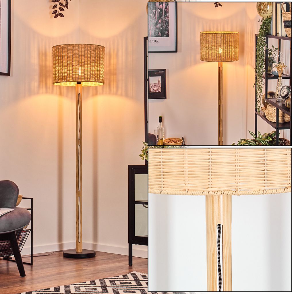 Dello Stehlampe aus Holz/Metall und Schirm aus Rattan