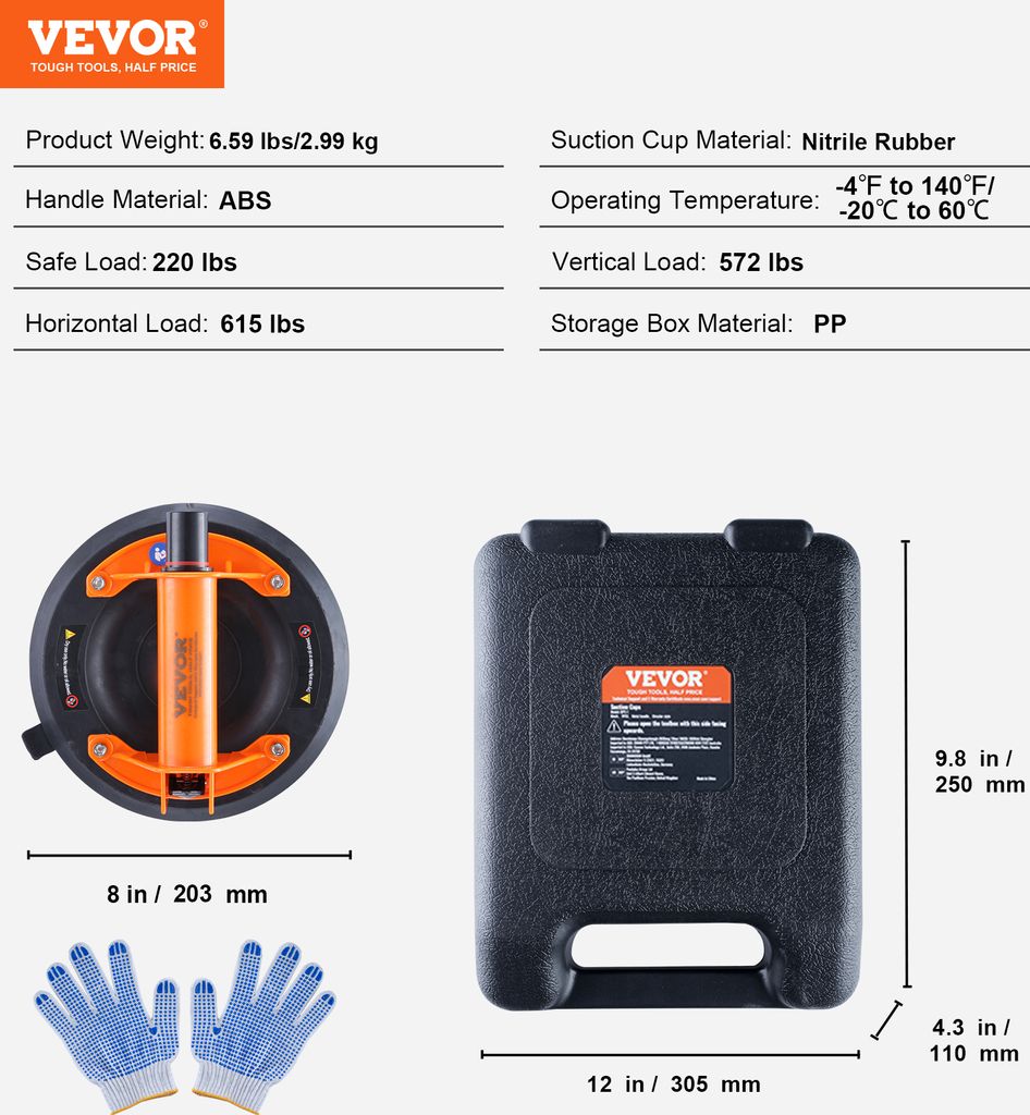VEVOR Saugheber 2er Set – NBR-Glasheber 203 Mm, 99–278 Kg, ABS-Griff, Inkl. Box & Handschuhe