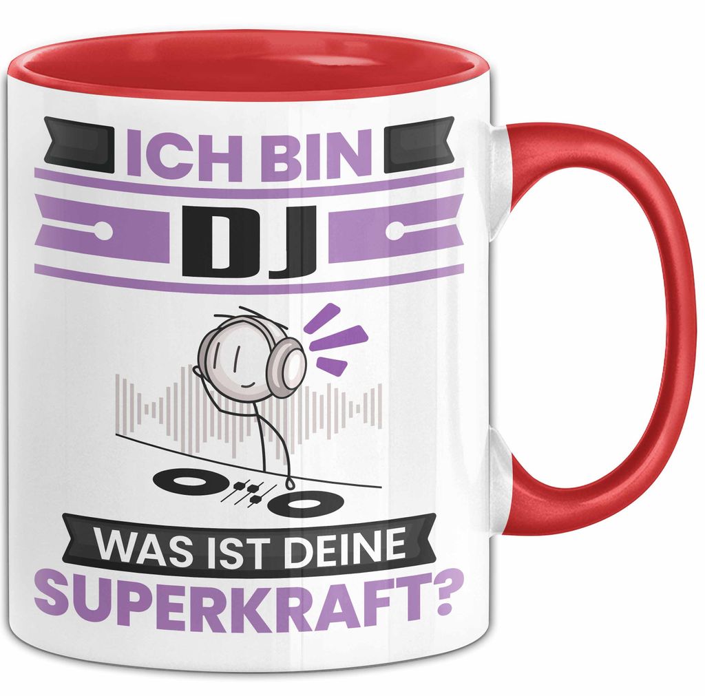 DJ Tasse Geschenk für DJ Geburtstag Lustiger Spruch Kaffee-Becher Was Ist Deine Superkraft (Rot)