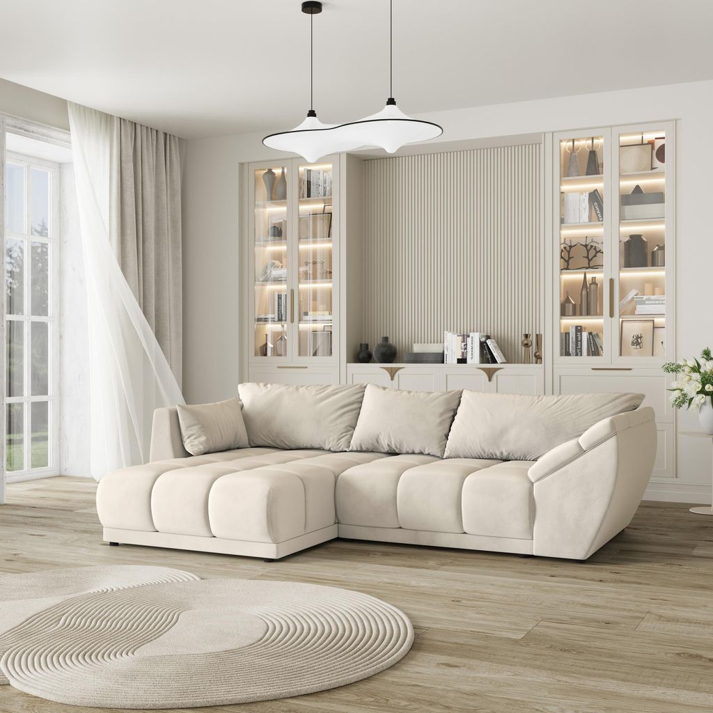 Masseno Ecksofa ORENTI L-S mit Schlaffunktion L-Form, Sofa mit Bettkasten, Wohnzimmersofa, Couch, Soffa, Bettsofa, Couchgarnitur- Creme, MATT VELVE...