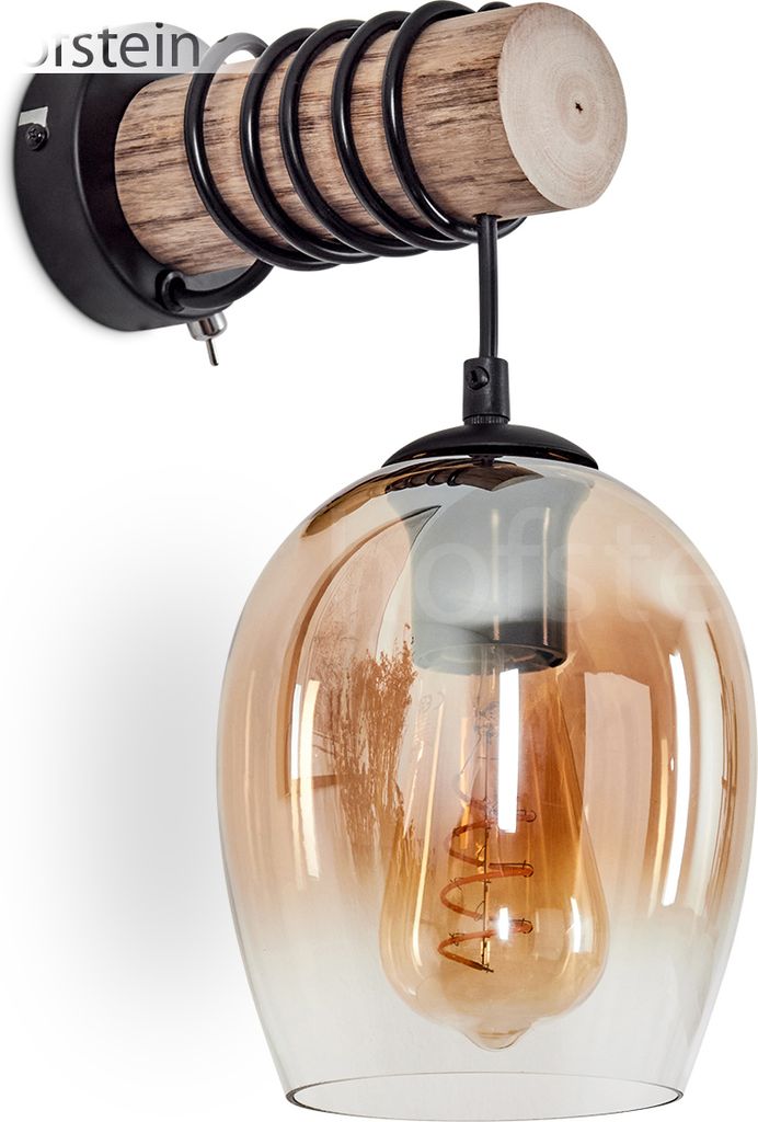 Usigliano Wandlampe aus Holz/Metall/Glas in Natur/Schwarz/Bernstein/Klar