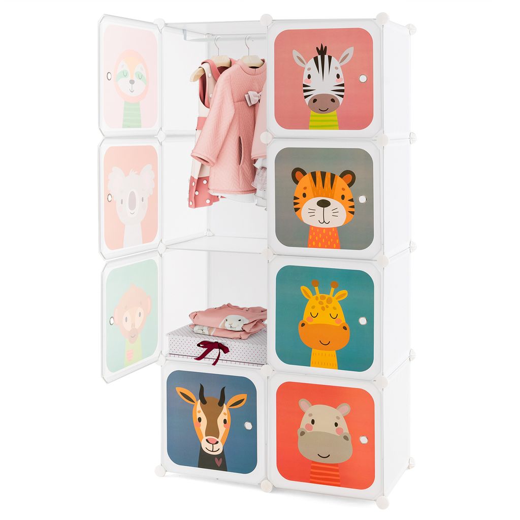 GOPLUS Kinder Kleiderschrank mit 8 Würfeln, Aufbewahrungsschrank mit Cartoon-Tiermotiven, Hängebereich & Hammer, freie Kombination, Kinderregal f...