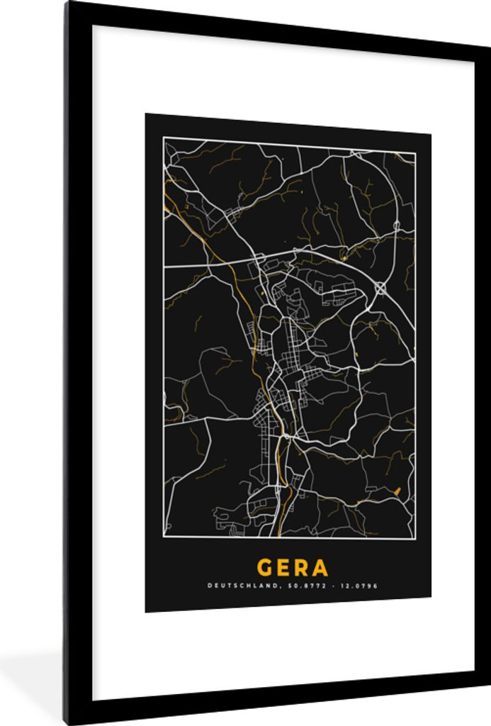 MuchoWow Gerahmtes Poster Gera - Gold - Stadtplan - Karte - Deutschland 60x90 cm - Poster mit Schwarzem Bilderrahmen Wandposter Rahmen Foto Bilde...