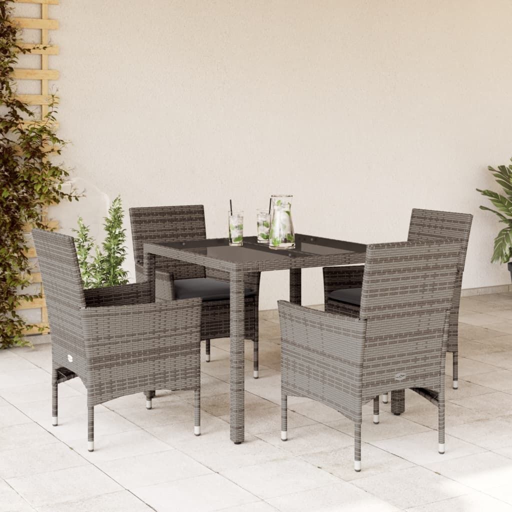 Maison Exclusive - 5-tlg. Garten-Essgruppe mit Kissen Grau Poly Rattan und Glas