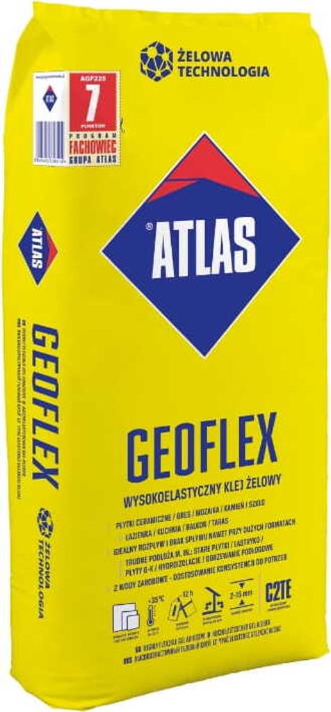 A yellow bag of Atlas Geoflex adhesive.