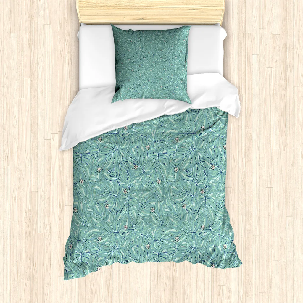 ABAKUHAUS Set copripiumino tropicale per letti singoli, Jungle Leaves disegnato a mano, antiacaro, adatto a chi soffre di allergie, con federa, 135 cm x 200 cm - 80 x 80 cm, Seafoam Turquoise