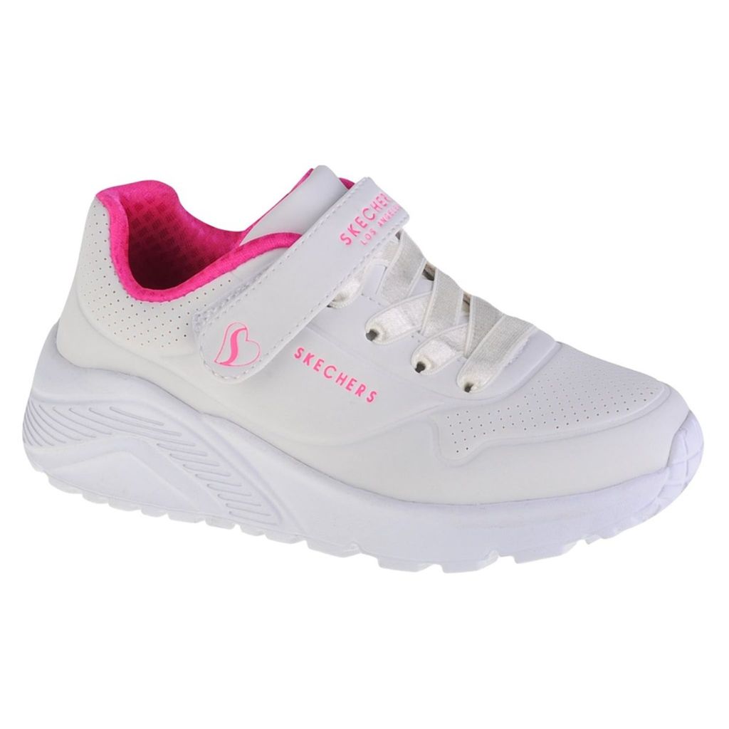 A white and pink Skechers sneaker for girls.