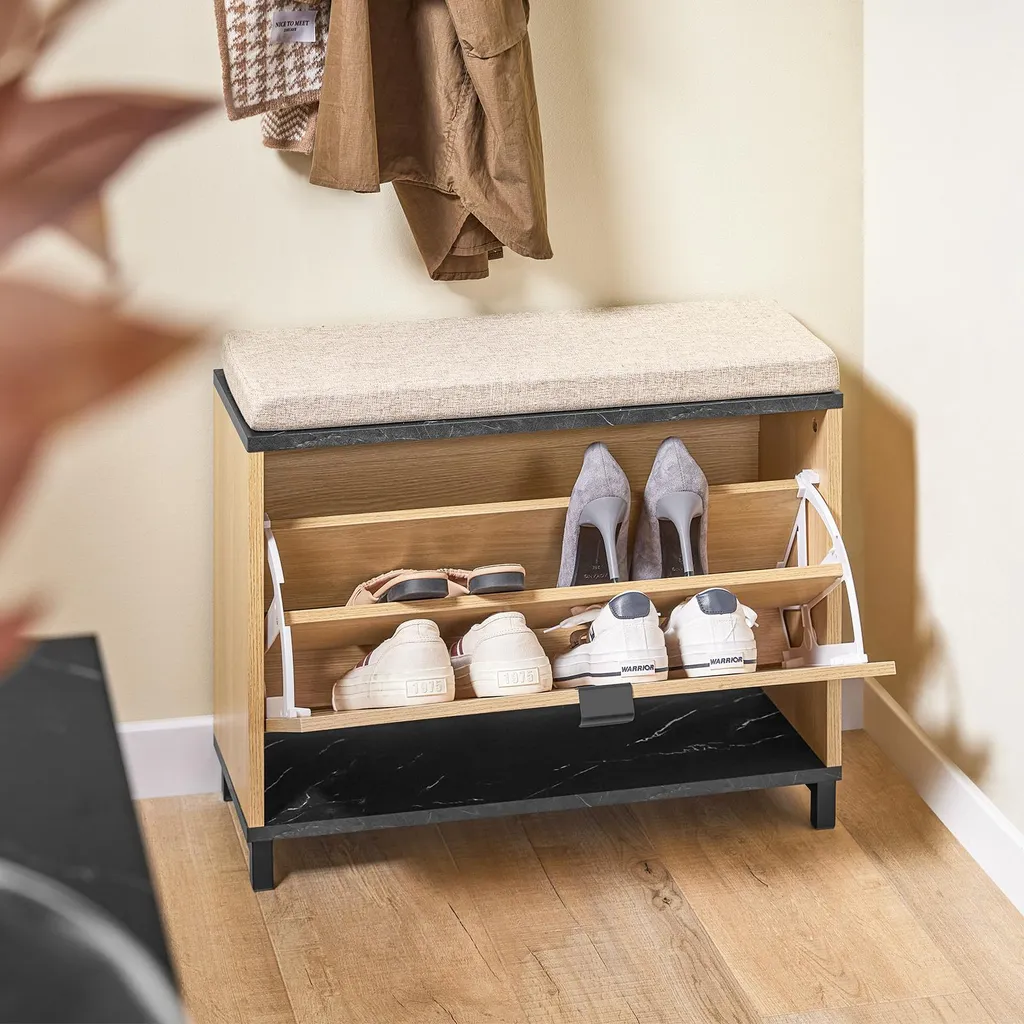 Banc à Chaussures Design Marbre Noir avec Compartiment pour Taille 47