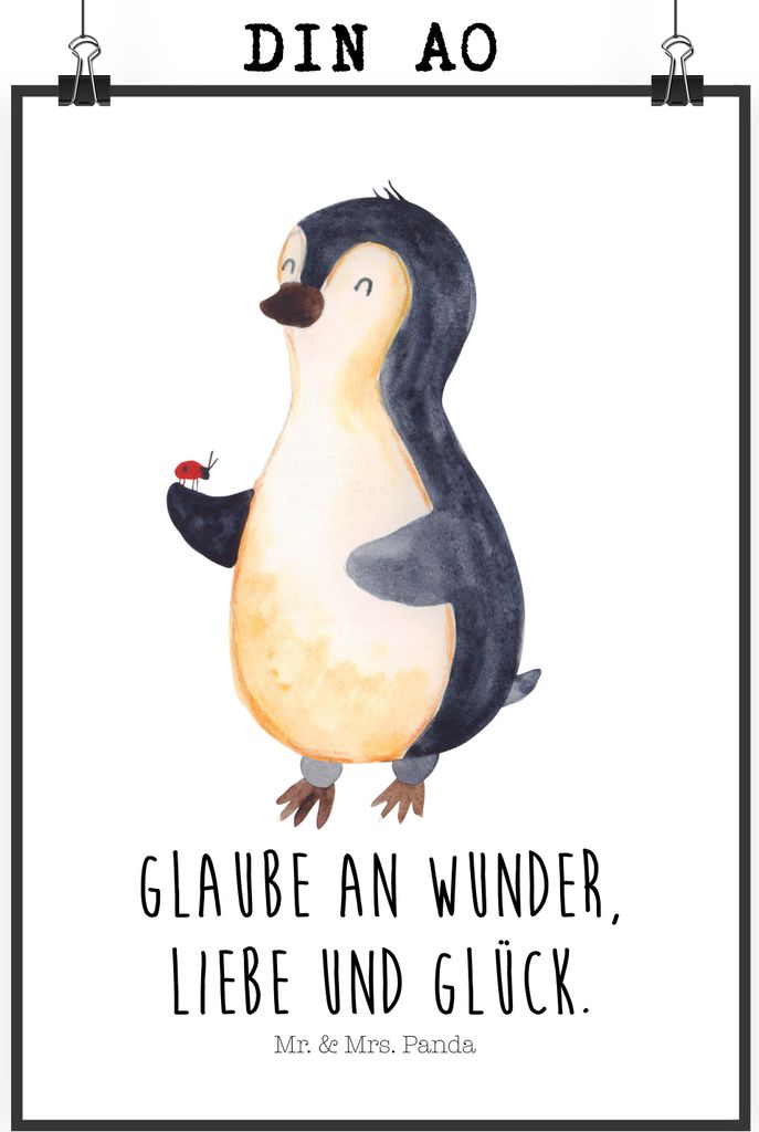 Mr. & Mrs. Panda Bild Pinguin Marienkäfer DIN A0 - Weiß - Geschenk, Glück, Liebe, drucke, wanddeko, Kunstdruck, Aufmerksam, Wandbild, Kleine Wun...