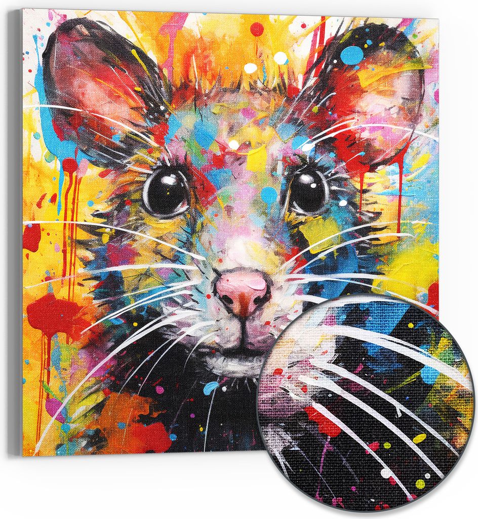 DEQOART Hybrid Leinwand Bild 50x50 cm 'Maus im Farbrausch' Wandbild Glas flach modern