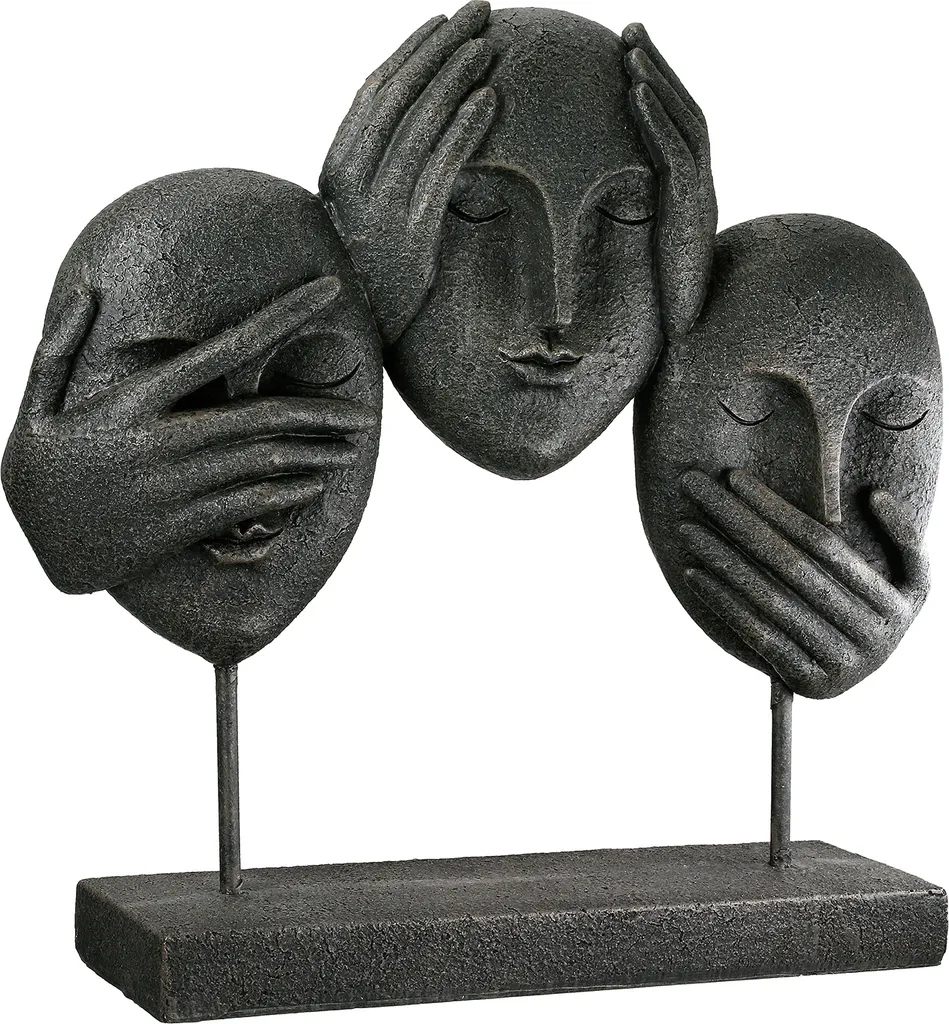 Statue décorative 3 visages en résine noire - Objet d'art abstrait 30 cm
