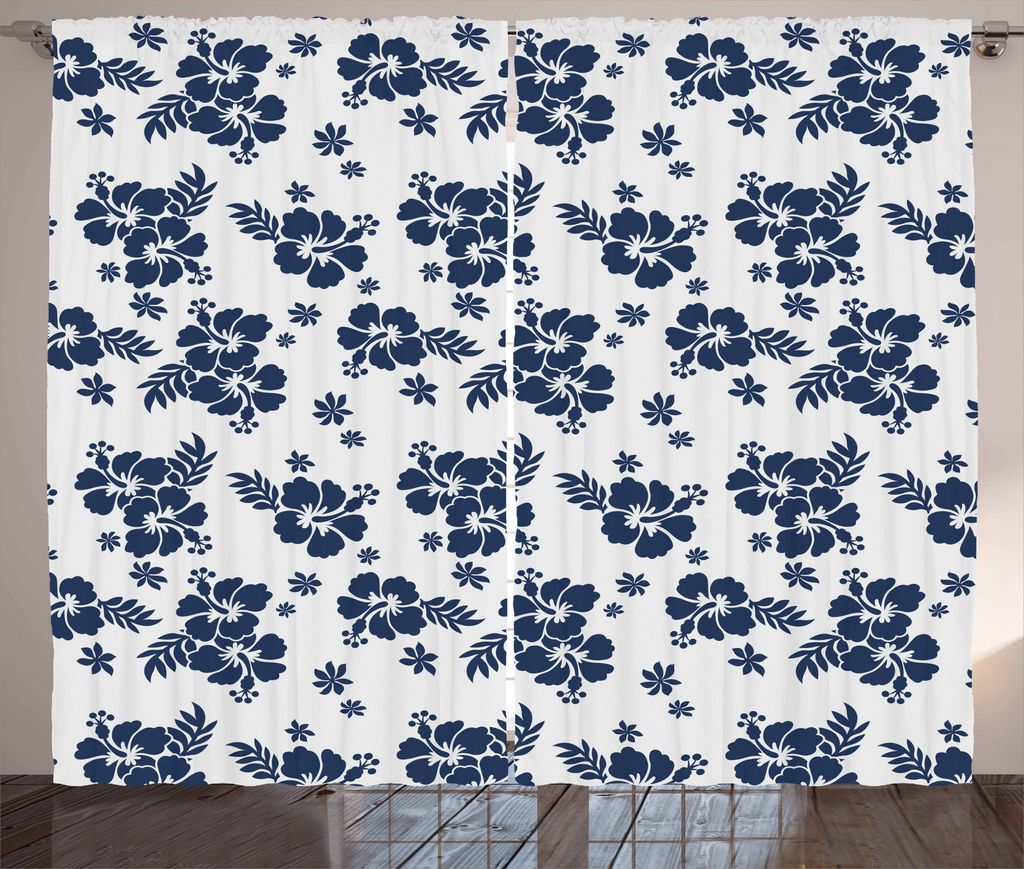 ABAKUHAUS Hawaii Rustikaler Gardine, Monochrome Blumen-Kunst, Schlafzimmer Kräuselband Vorhang mit Schlaufen und Haken, 280 x 175 cm, Marineblau W...