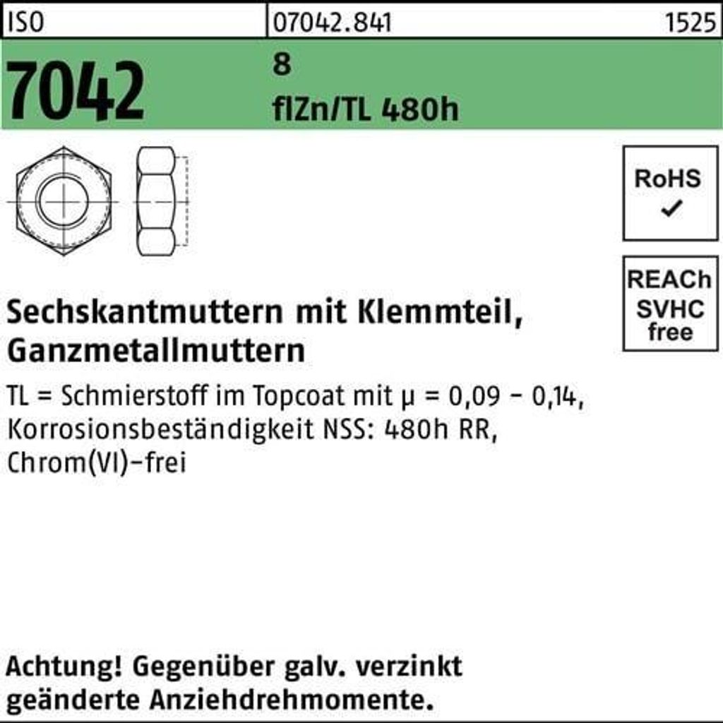 Reyher Sechskantmuttern ISO 7042 8 M 20 flZn (50 Stück)