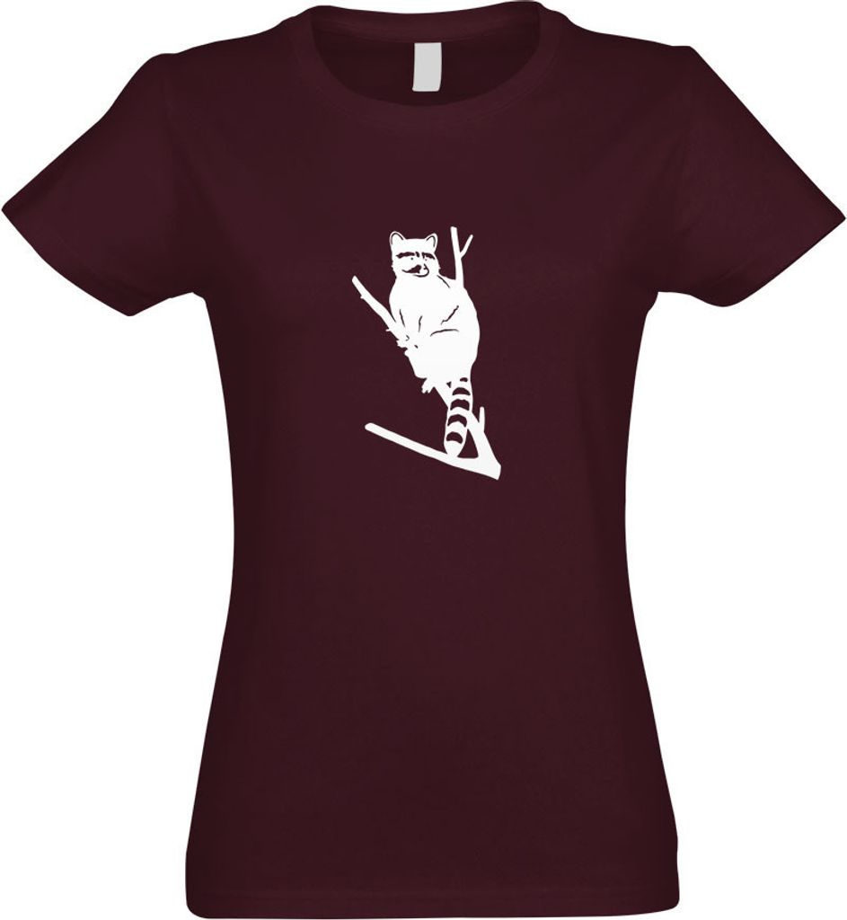Kiwistar - T-Shirt tailliert - Damen - Burgund - Waschbär Motiv 1 - Pelz - mit Motiv Bedruckt - Funshirt Design - Sport - Freizeit - Damen - M