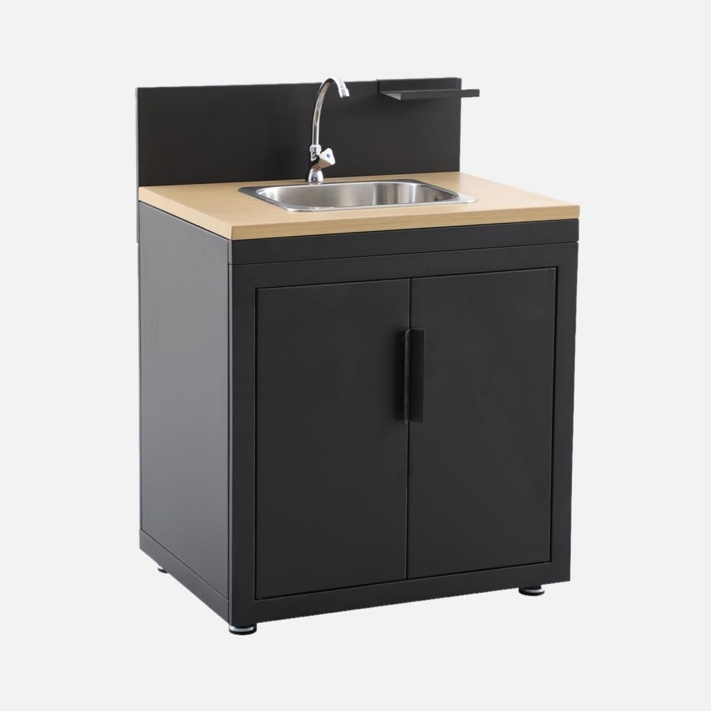sweeek - Außenküche aus Stahl und Holzdekor 1 Spüle 2 Türen 1 Haken B 80 cm - Schwarz