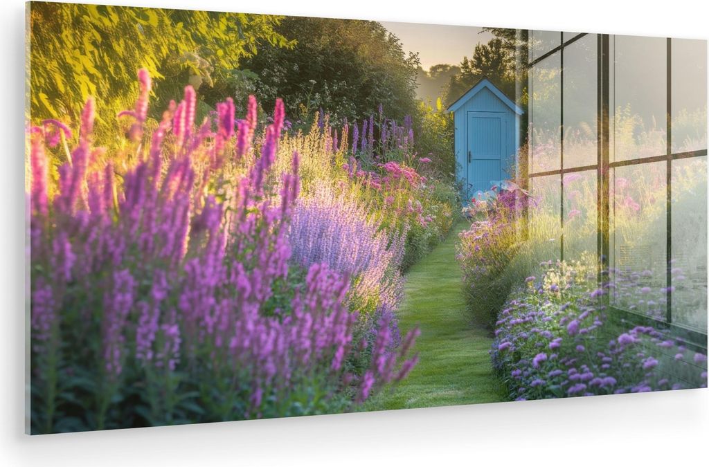 MuchoWow Glasbilder - Bilder auf Wandbild - Foto auf Glas Gartenhaus - Blau - Blumen 80x40 cm Wanddekoration aus Glas - Acrylglasbild - Acrylbilder...
