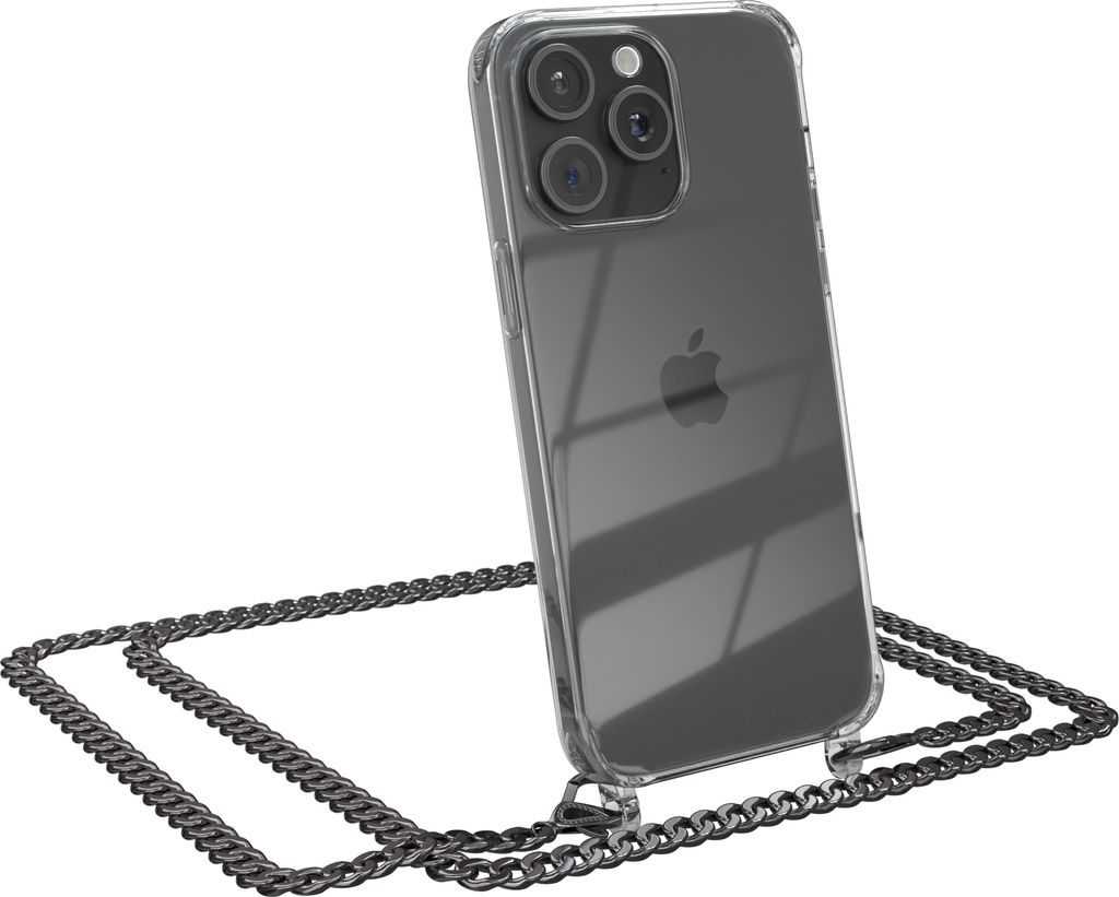 EAZY CASE Metall Handykette für Apple iPhone 15 Pro Max, Handyhülle mit Umhängeband, Silikonhülle, Metallkette für Smartphone in Grau