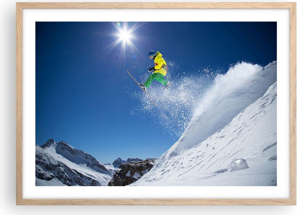 Gerahmtes Poster - Rahmen in heller Eiche - Ski Winter Schnee Berg - 70x50 cm - Wand Bild - Wanddeko - Wandbilder - Wandposter - Bilderrahmen - Bil...