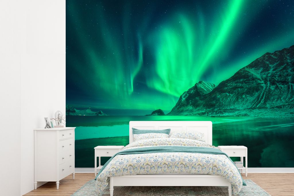 MuchoWow Fototapete für Wohnzimmer oder Schlafzimmer Wandtapete Vinyl Motivtapete Nordlichter - Wasser - Winter - Norwegen - 415x300 cm - Küche