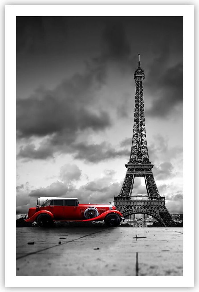 Poster - Poster ohne Rahmen - Auto Eiffle Paris Stadt - 61x91,5 cm - Wand Bild - Wanddeko - Wandbilder - Kunstposter - Wandposter - Bilder - Kunstd...