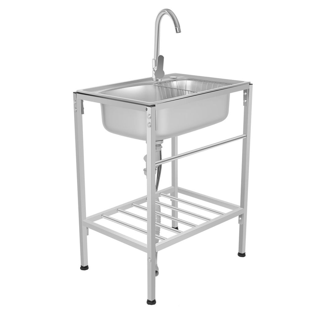 Spülbecken Edelstahl mit Armatur Zubehör Set Freistehend Einzelspüle Camping Mobile Spüle 60x45x75cm (silber)