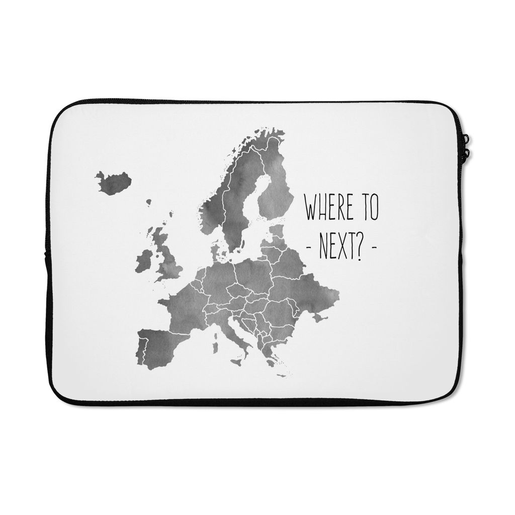 MuchoWow Laptop Hülle 13 Zoll Eurocard in grauer Aquarellfarbe mit dem Zitat "Wohin als nächstes?" - schwarz und weiß Laptoptasche - Laptophü...
