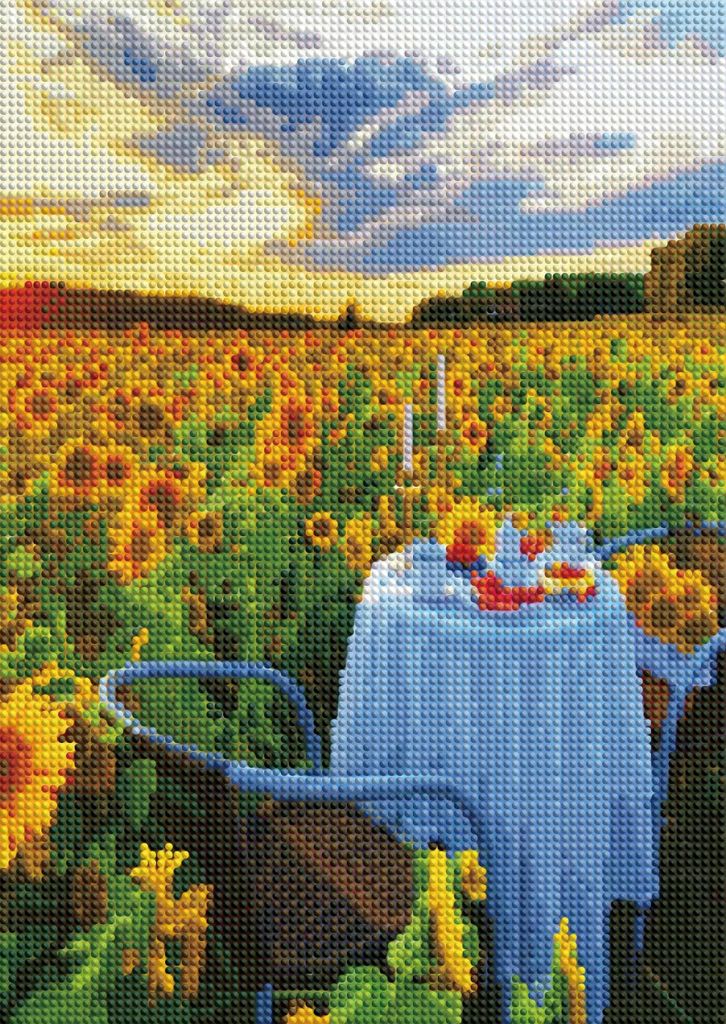 Diamantmosaik-Stickerei Elegantes Frühstück im Sonnenblumenfeld 30 x 40 cm