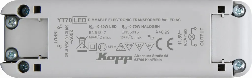 Transformateur halogène basse tension Kopp 0-70W/VA de haute précision