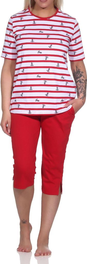 Normann Damen kurzarm Schlafanzug mit Caprihose in maritimer Optik - auch in Übergrössen ; rot , 60