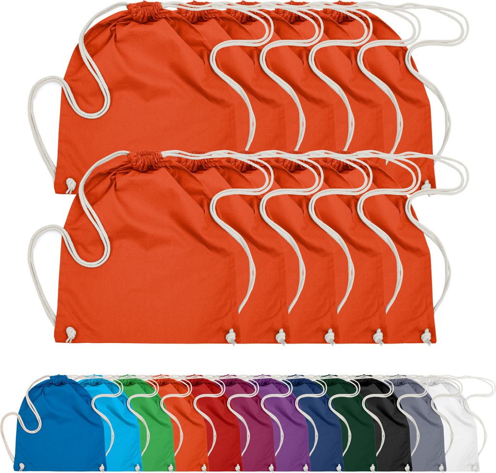 10er PACK Baumwoll Turnbeutel Sportbeutel Zuziehbeutel Sack Schuhbeutel Rucksack Gym Sack, in Farbe: Orange