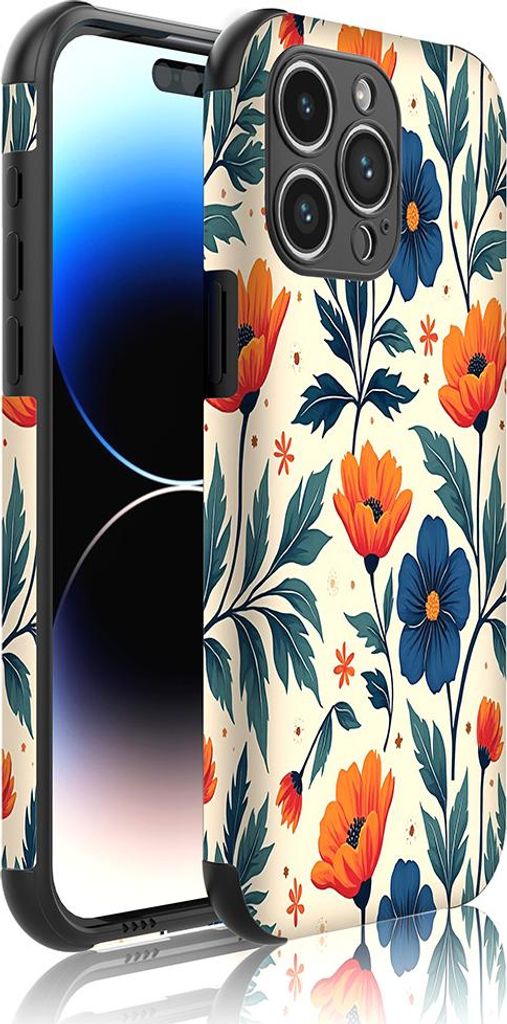 Smartphonica Handytasche Geeignet für iPhone 14 Pro Max mit Bumper und orange und blauen Blumen print - Backcover PhoneCase Rote und blaue Blume...