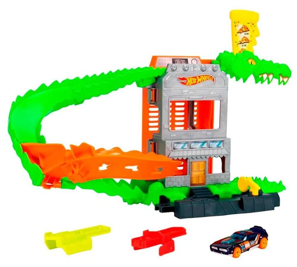 Hot Wheels City Kroko-Pizza-Attacke Spielset mit Spielzeugauto im Maßstab 1:64, mit dem Track-Schnellstecksystem kompatibel, Zug- & Schienen-Set, ...