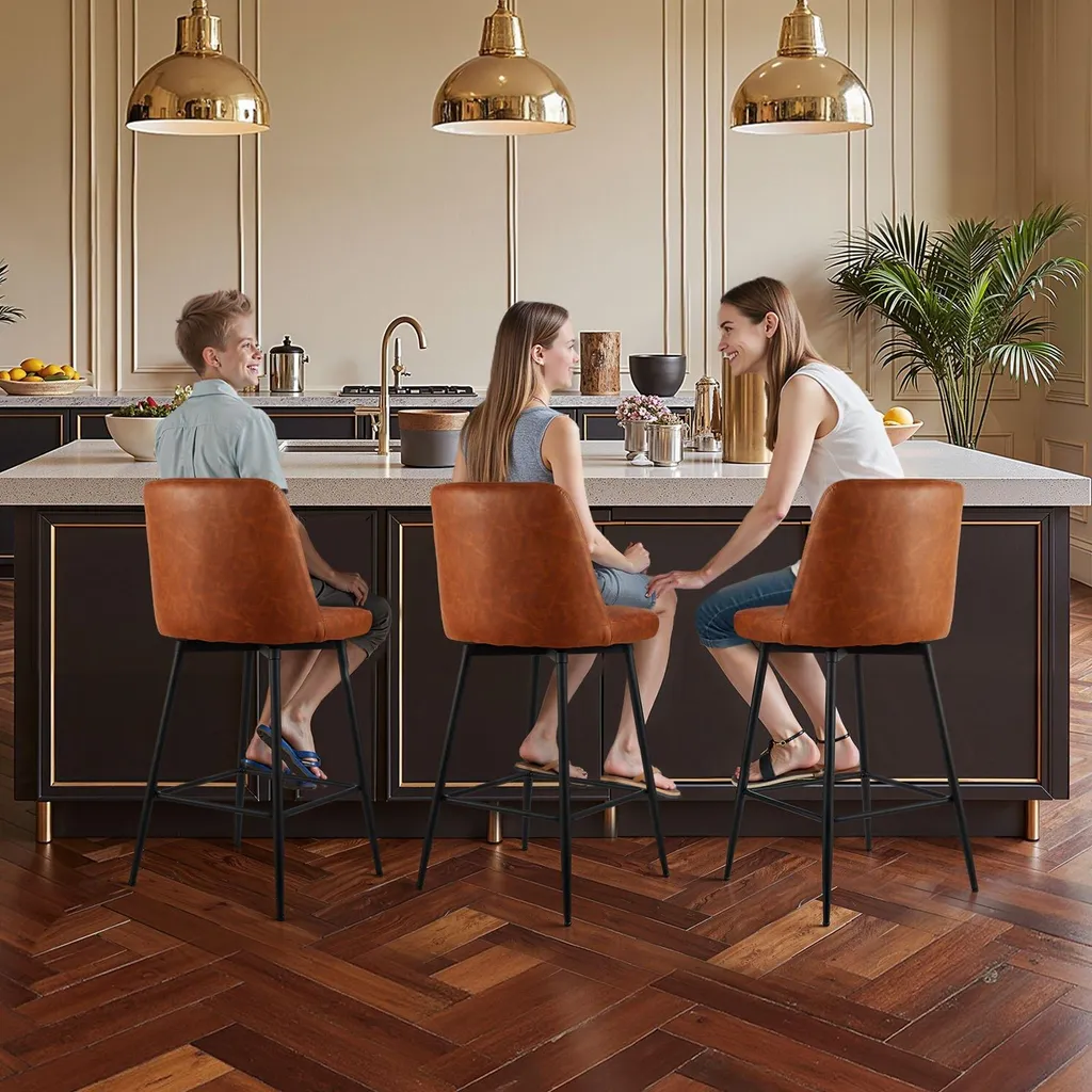 Tabourets de bar avec dossier - Cuir Polyuréthane marron - Set de 3 - Métal - 8