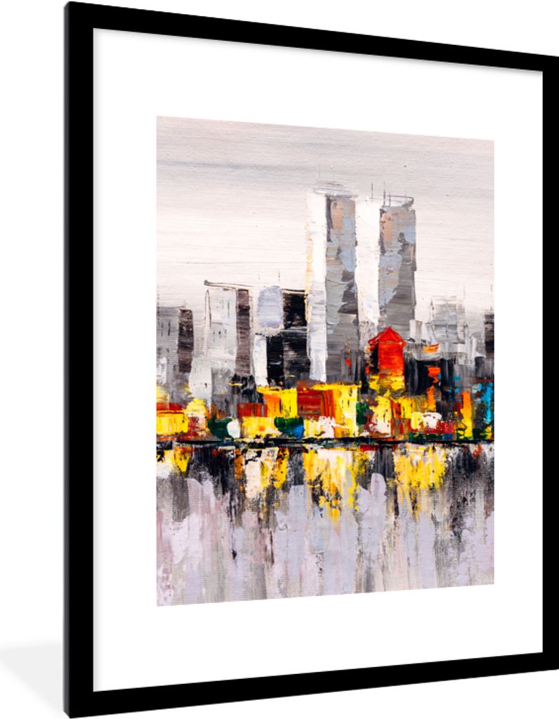 MuchoWow Gerahmtes Poster Gemälde - Skyline - Farben - Ölfarbe 60x80 cm - Poster mit Schwarzem Bilderrahmen Wandposter Rahmen Foto Bilder - Woh...