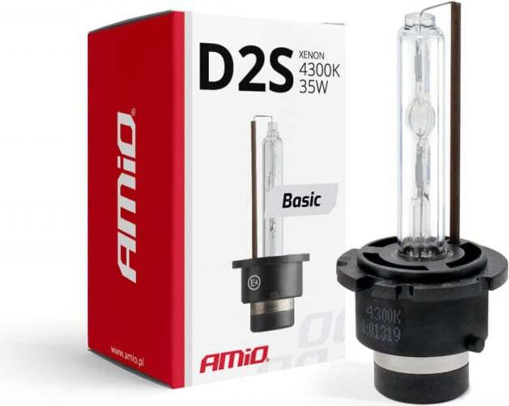A product shot of a D2S Xenon headlight bulb and its packaging.