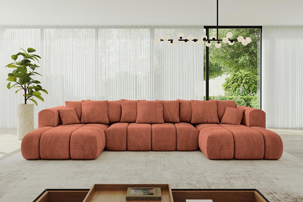 ALTDECOR Ecksofa in U-Form mit Schlaffunktion und Bettkasten CLOUD-U-v1 405x185x90 Apricot - Corner Sofa Bett Eckcouch Couch L-Form Schlafcouch Aus...