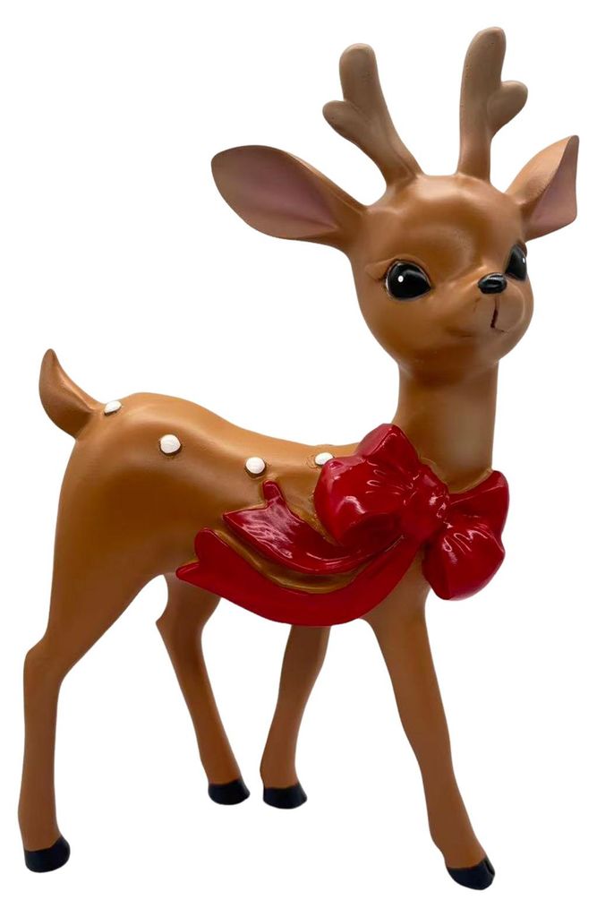Vintage-Hirsch-Ornament, Sikahirsch-Figur aus Kunstharz mit roter Schleife, niedliche Hirschstatue als Weihnachtsdekoration, Tischdekoration