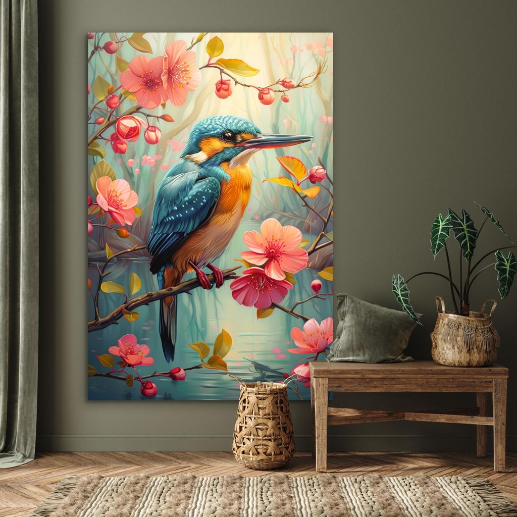 MuchoWow Wanddekoration Metall Metallbild Wandkunst 100x150 cm Eisvogel - Blüte - Natur - Vögel - Blumen MuchoWow Aluminium Gemälde - Bild