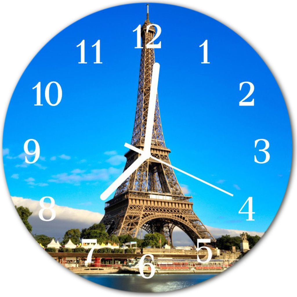 Glasuhr Wanduhr Küchenuhr Echt-Glas 30fi cm Eiffelturm Paris blau