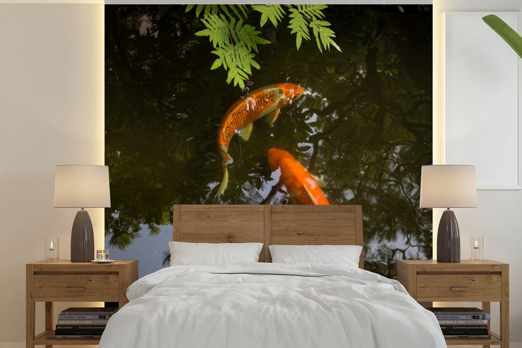 MuchoWow Fototapete für Wohnzimmer oder Schlafzimmer Wandtapete Vinyl Motivtapete Zwei Koi-Karpfen um einen Teich - 300x300 cm - Wanddekoration