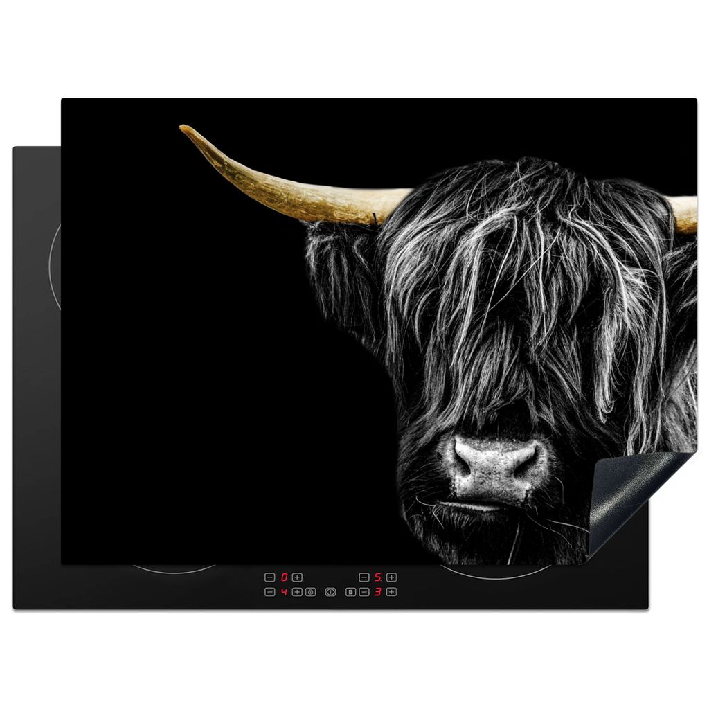 KitchenYeah Herdabdeckplatte Schottischer Highlander - Gold - Mantel - Tiere - Kuh , 70x52cm, Küche Deko, Glaskeramikkochfeld Herdabdeckung, Abd...